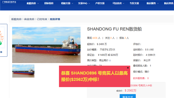 山东海运成功转让两船，首轮竞拍溢价超